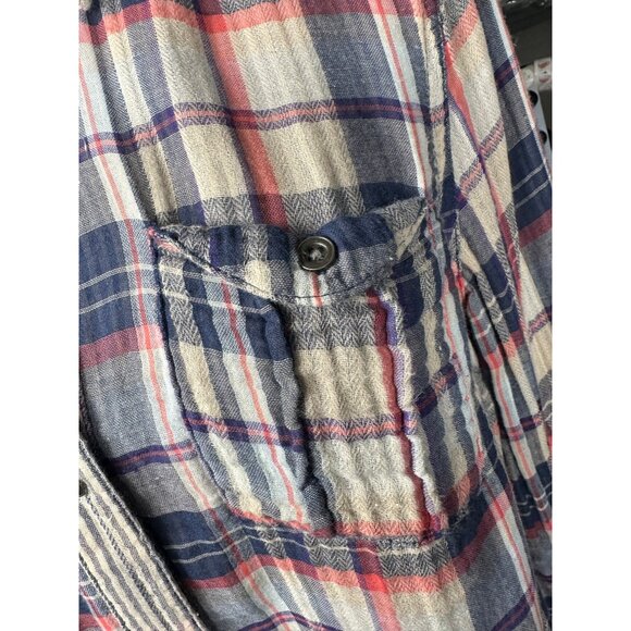 Free People Plaid Button Front Shirt Medium Blue Red Long Sleeve Western Top - Picture 7 of 9